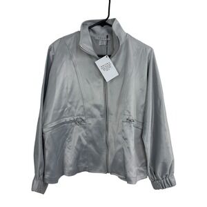 Rhaika Peplum Jacket Womens Medium Gray Satin Crepe Full Zip Long Sleeve *